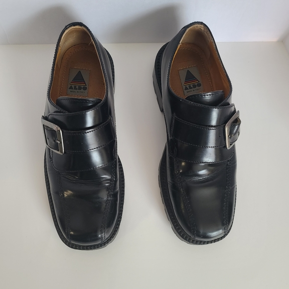 SOLD!! ALDO Chunky Heel Vintage Mens Black Patent Leather Slip-On Shoes Size 44 - Picture 8 of 14